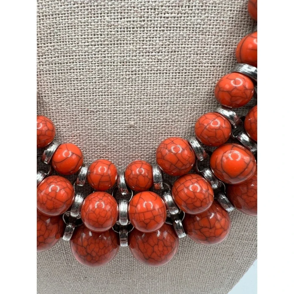 Orange Faux Stone Bib Necklace Statement Collar Boho Maximalist Acrylic Silver